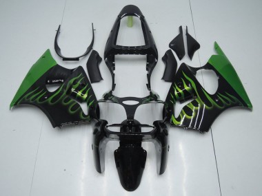 2000-2002 Black with Green Flame Kawasaki Ninja ZX6R Motorcycle Fairings