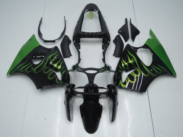 2000-2002 Black with Green Flame Kawasaki Ninja ZX6R Motorcycle Fairings 2000-2002 Black with Green Flame Kawasaki Ninja ZX6R Motorcycle Fairings