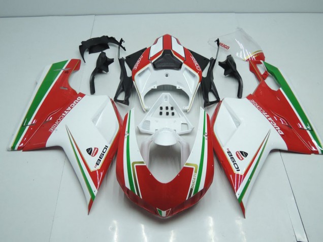 2007-2012 White and Red with Green Stripe Ducati 848 1098 1198 Motorcycle Fairings